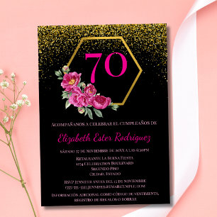 Spanish Fancy Black Gold & Pink 70th Birthday Invitation