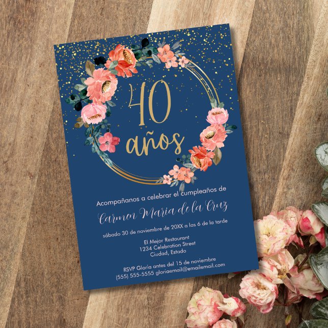 Spanish Fancy Elegant Floral 40th Birthday Party Invitation (Creator Uploaded)