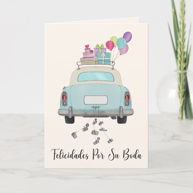 Spanish Felicidades Wedding Day Blue Retro Car Card (Front)