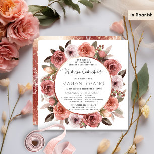 Spanish, First Communion, Rose Gold Floral Invitation