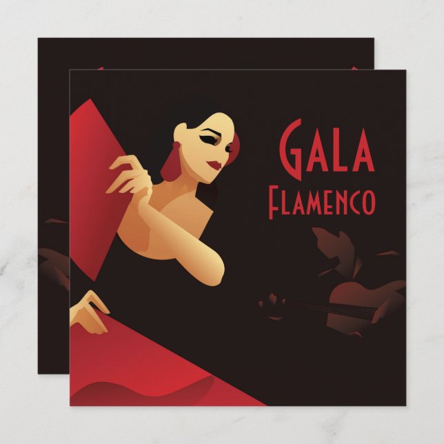 Spanish flamenco dancer with fan. black and red invitation (Front/Back)