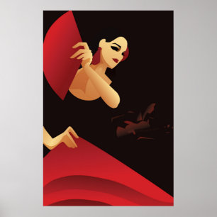 Spanish flamenco dancer with fan. black and red poster