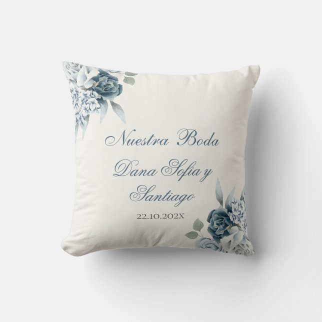 Spanish Floral Blue Wedding Cushion (Front)
