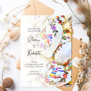 Spanish, Floral Colourful Hearts Mexican Wedding Invitation