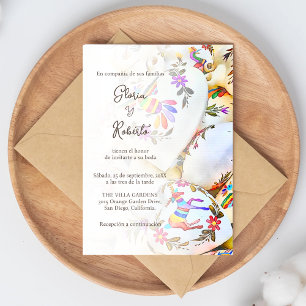 Spanish, Floral Colourful Hearts Mexican Wedding Invitation