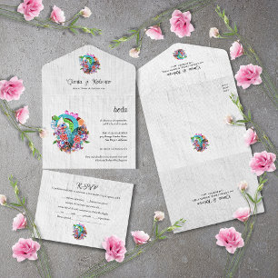 Spanish, Flower Heart Mexican Wedding All In One Invitation