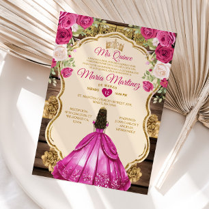 Spanish Fuchsia Pink Floral Wood Mis Quince Invitation