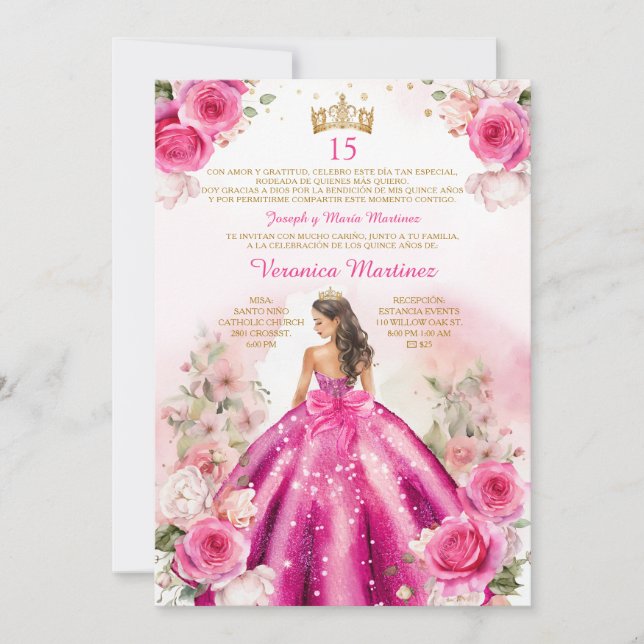 Spanish Fuchsia Pink Princess 15 Años Birthday Invitation (Front)