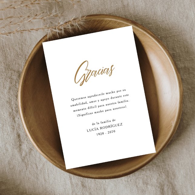 Spanish Funeral Gracias Memorial Gold Thank You Card (Creator Uploaded)