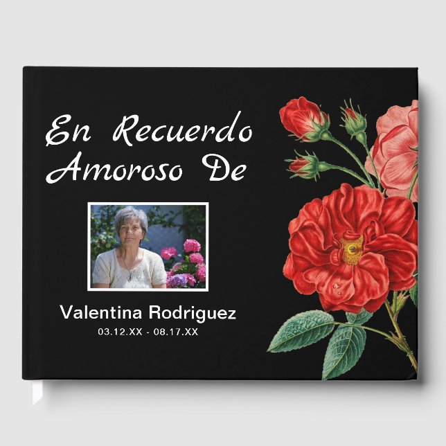 Spanish Funeral Memorial Keepsake | Red Flowers Guest Book (Front)