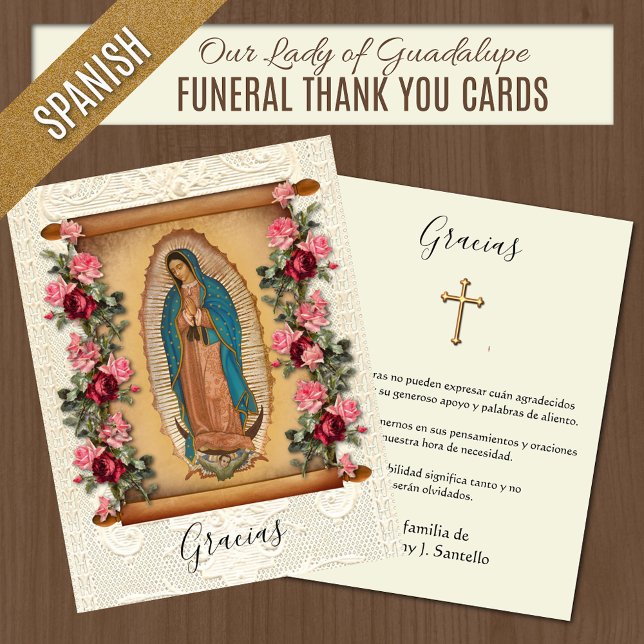 Spanish  Funeral Sympathy Holy Card Thank You (Our Lady of Guadalupe Spanish Catholic Funeral Thank you Cards)