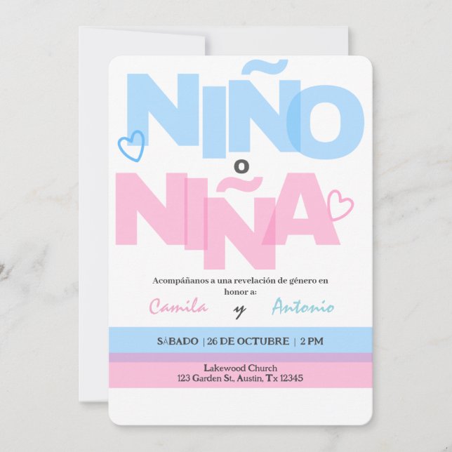 Spanish Gender Reveal Invitation Boho Pink or Blue (Front)