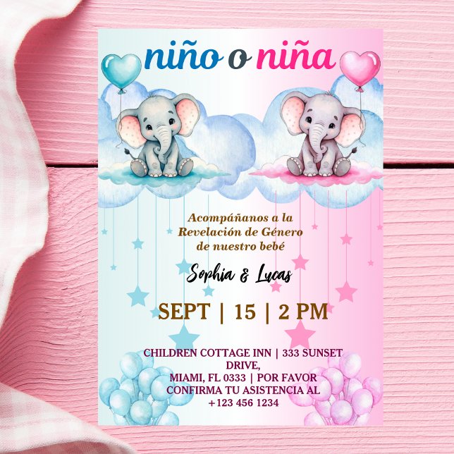 spanish gender reveal Nino o Nina with Elephants Invitation (Creator Uploaded)