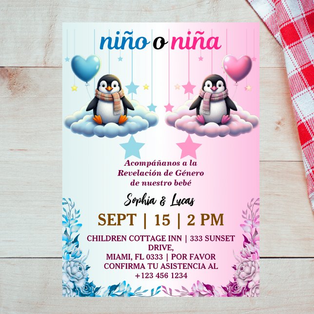 spanish gender reveal Penguin Invitation (Creator Uploaded)