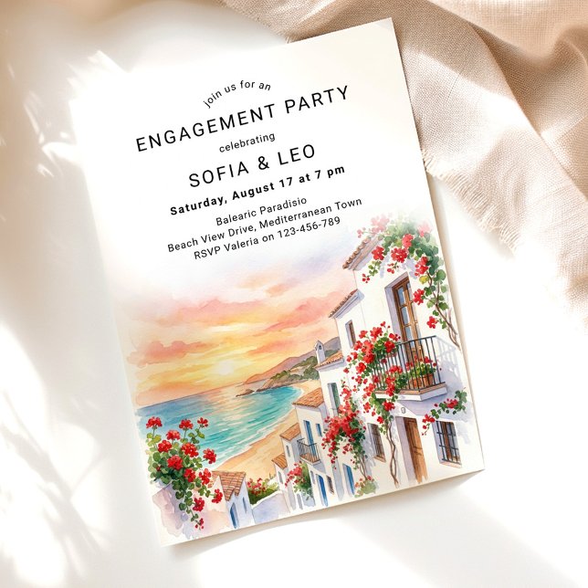Spanish Geranium Sunset Beach Engagement Party Invitation (Spanish Mediterranean Coastal themed invitation for engagement, wedding shower, rehearsal dinner etc)