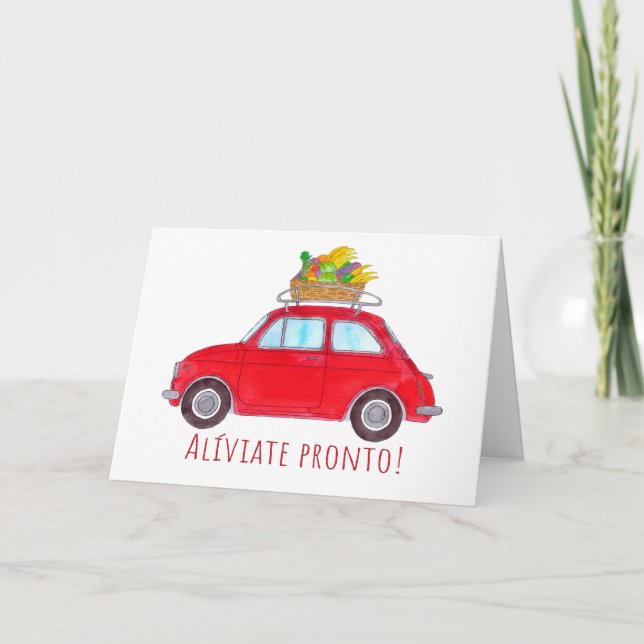 Spanish Get well Red Retro Fiat 500 Card (Front)
