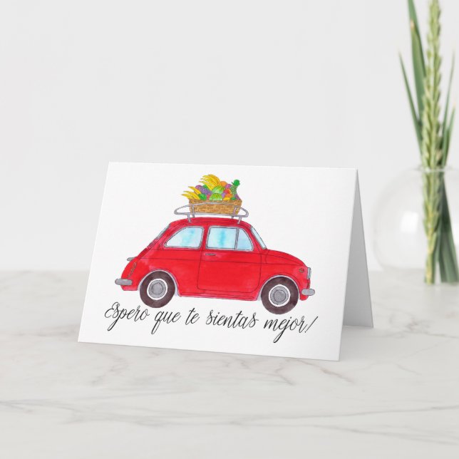 Spanish Get well Red Retro Fiat 500 Card (Front)