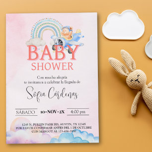 Spanish Girl Baby Shower Teddy Bear Aeroplane Pink Invitation