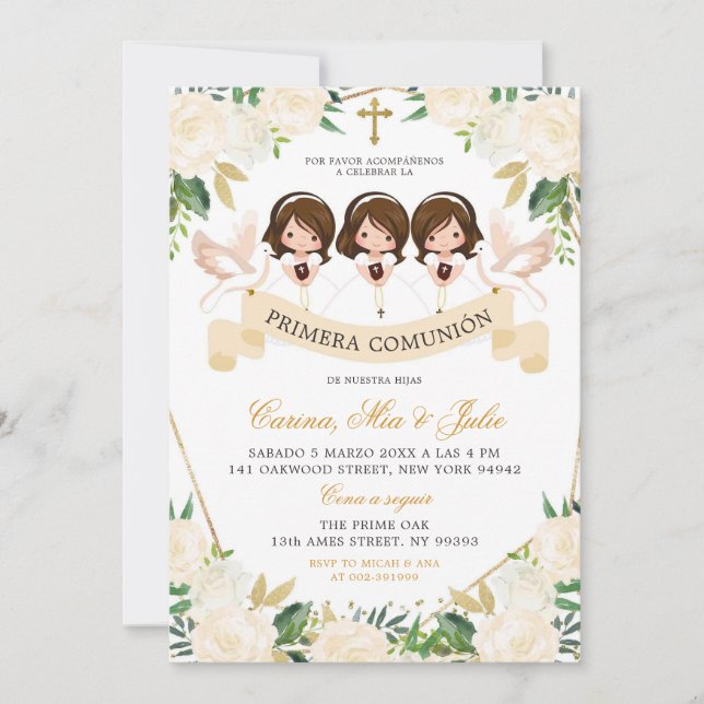 Spanish Girls Sibling First Holy Communion Invitation (Front)