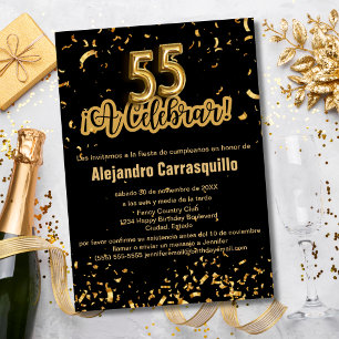 Spanish Glam Black & Gold Confetti 55th Birthday Invitation