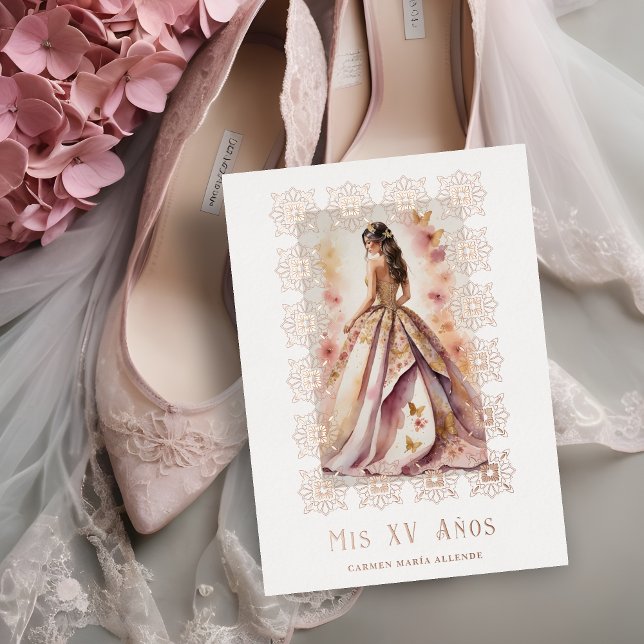 Spanish Glam Quinceañera Rose Gold Ornate Frame (Spanish Glam Quinceañera Rose Gold Ornate Frame Metallic Foil Invitation Card. )