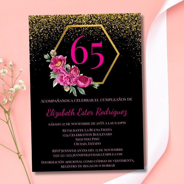 Spanish Glamourous Black Pink 65th Birthday Invitation (Creator Uploaded)