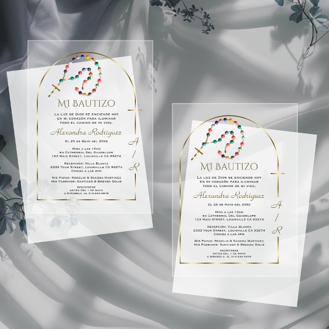 Spanish Gold Arch Cross Girl Monogram Baptism Acrylic Invitations (Creator Uploaded)