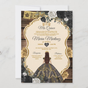 Spanish Gold & Black Floral Wood Quiñceanera Invitation
