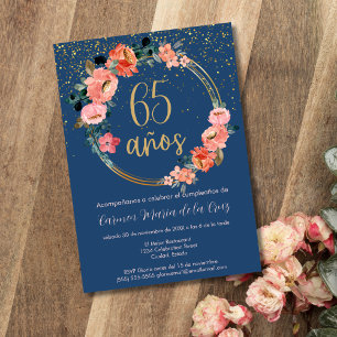 Spanish Gold Blue Pink Floral 65th Birthday Party Invitation