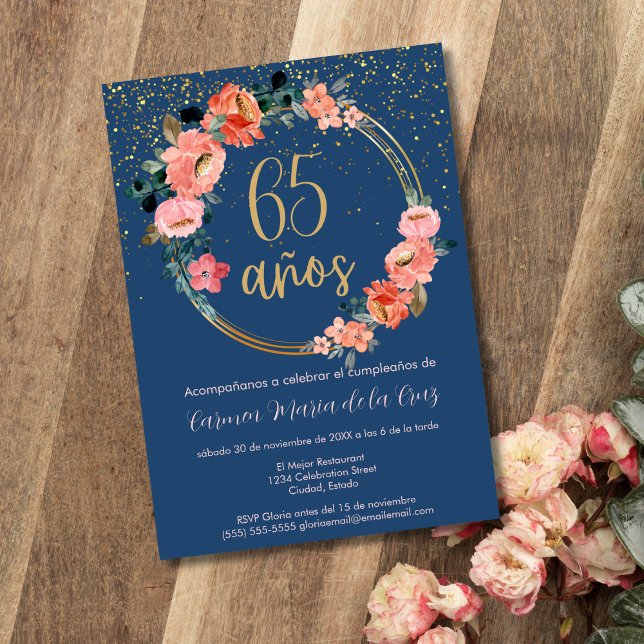 Spanish Gold Blue Pink Floral 65th Birthday Party Invitation (Creator Uploaded)