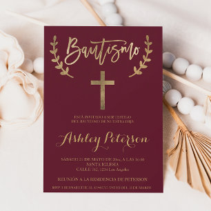 Spanish Gold burgundy red elegant script baptism Invitation
