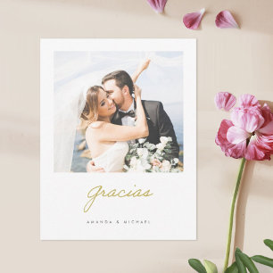 Spanish Gracias Elegant Gold Modern Photo Wedding Thank You Card