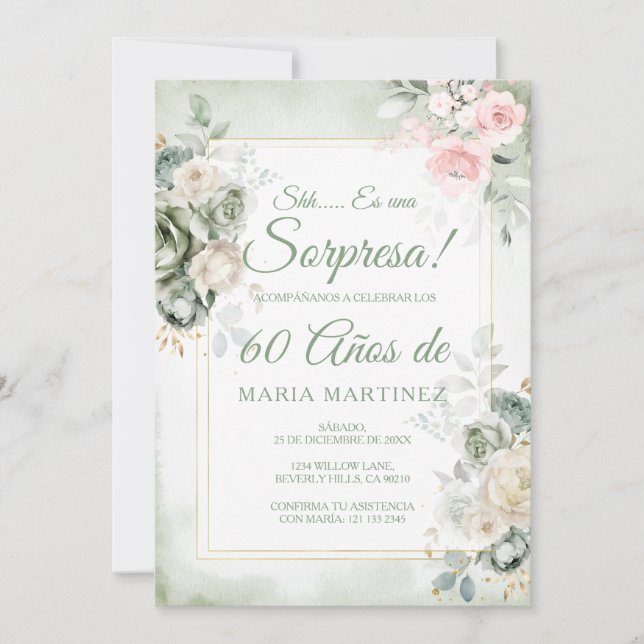Spanish Green Floral Sorpresa 60 Años Birthday Invitation (Front)