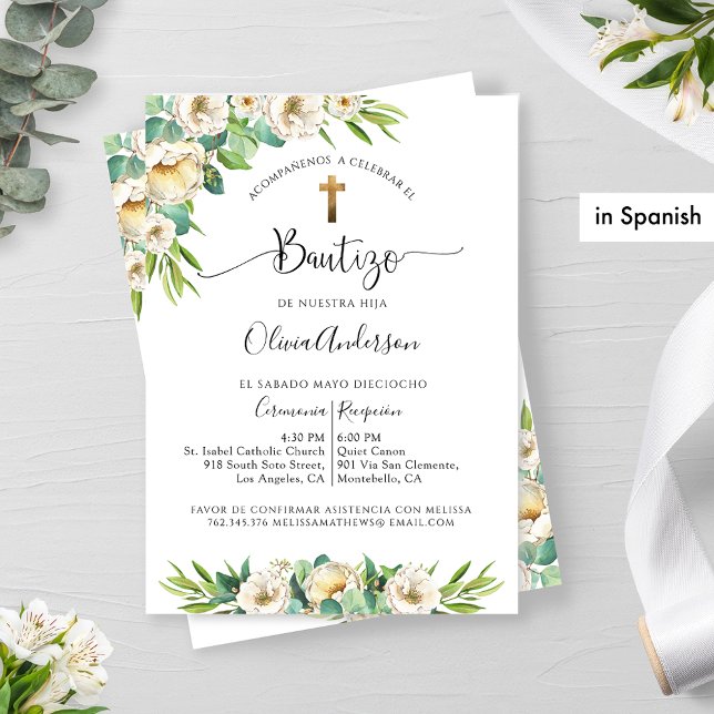 Spanish, Greenery and White Floral Baptism Invitation (Creator Uploaded)