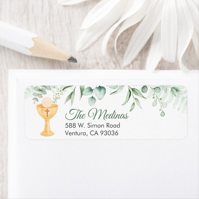 Spanish Greenery First Communion  Return Address Label (Insitu)