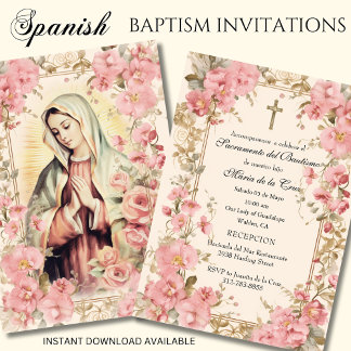 Spanish Guadalupe Baptism Pink Floral Invitation