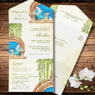 Spanish Hand Painted Watercolor Old Mexico Wedding All In One Invitation
