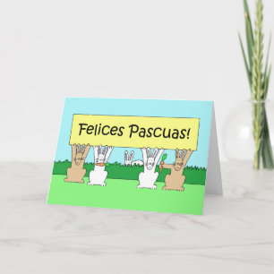 Spanish Happy Easter, Cartoon Bunnies. Holiday Card