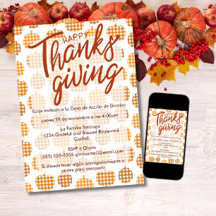 Spanish Happy Thanksgiving Chequered Pumpkins  Invitation