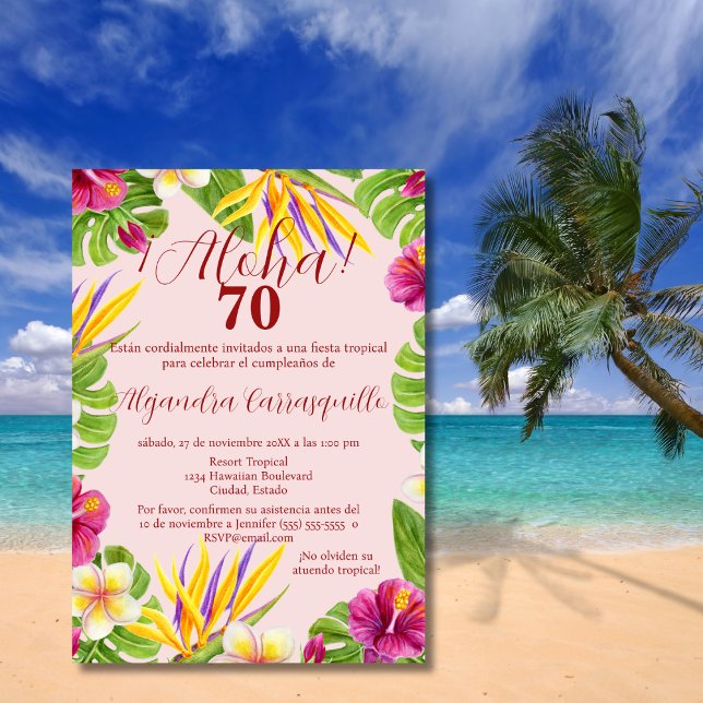 Spanish Hawaiian Pink Aloha Colourful 70th Birthda Invitation (Creator Uploaded)