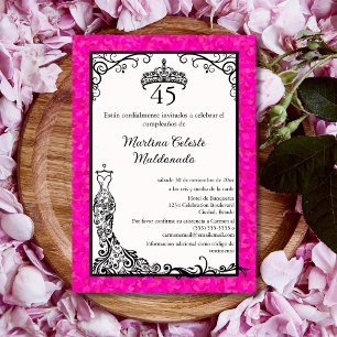 Spanish Hot Pink Black Chic 45th Birthday Party Invitation