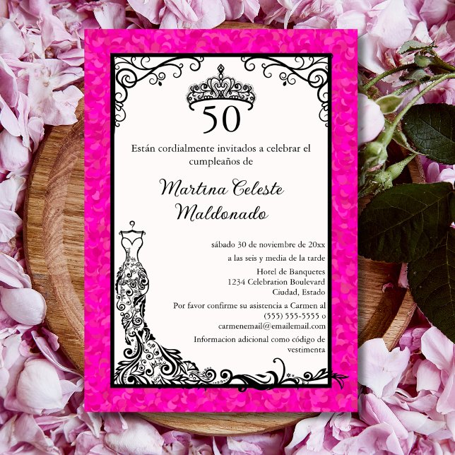 Spanish Hot Pink Black Classy 50th Birthday Party Invitation (Creator Uploaded)