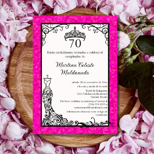 Spanish Hot Pink Black Elegant 70th Birthday Party Invitation