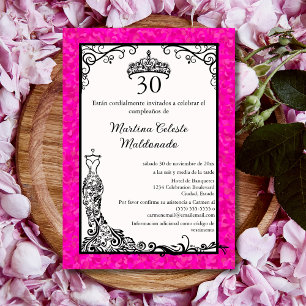 Spanish Hot Pink Black Fancy 30th Birthday Party Invitation
