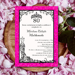Spanish Hot Pink Black Stylish 80th Birthday Party Invitation