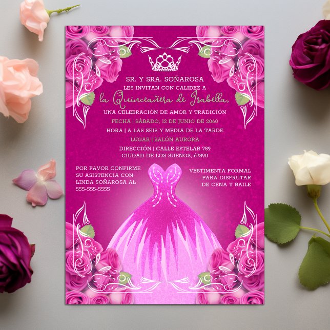 SPANISH HOT PINK ROSES QUINCEAÑERA |  INVITATION (SPANISH HOT PINK ROSES QUINCEAÑERA | INVITATION)