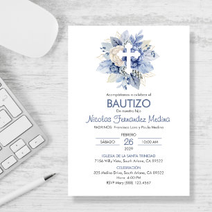 Spanish Invitacion Bautizo  Blue Flowers Baptism Invitation