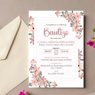 Spanish Invitacion Bautizo Boho Flowers Baptism Invitation
