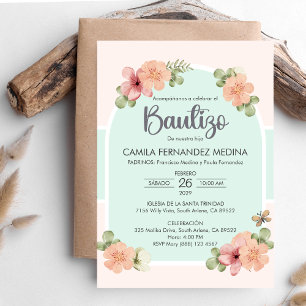 Spanish Invitacion Bautizo Pink Flowers Baptism Invitation