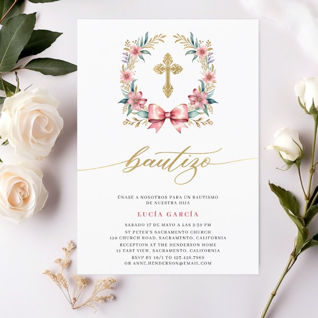 Spanish Invitacion De Bautizo Pink & Gold Invitation (Creator Uploaded)